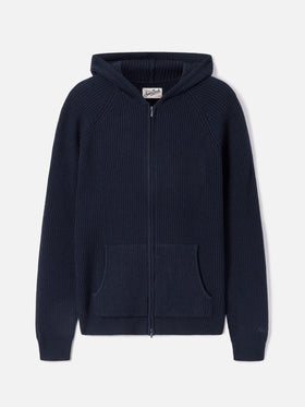 Maglia Malcolm blu notte in lana con cappuccio e zip intera