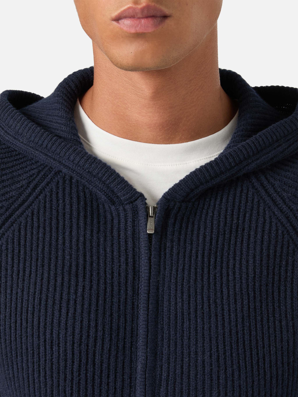 Maglia Malcolm blu notte in lana con cappuccio e zip intera