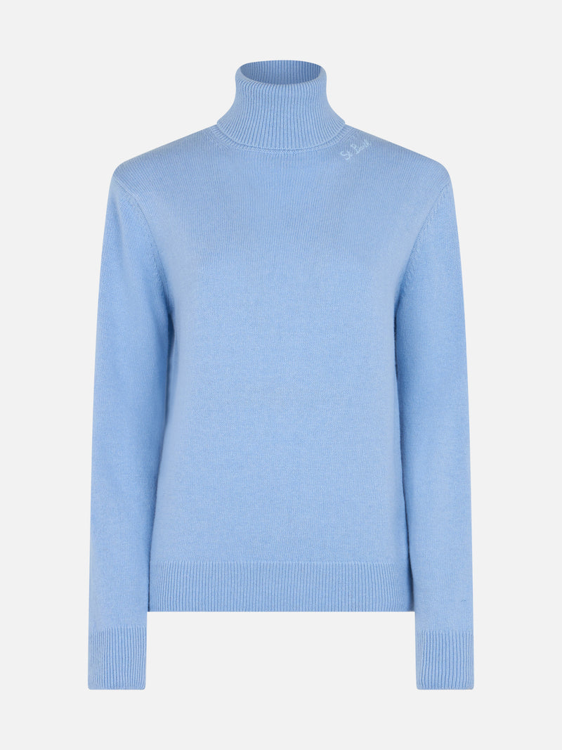 Woman light blue cashmere blend turtleneck sweater Moody