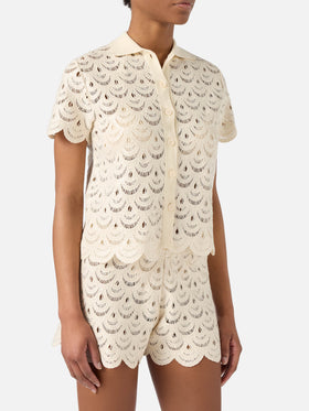 Meave crochet-effect cotton knit polo with sequins