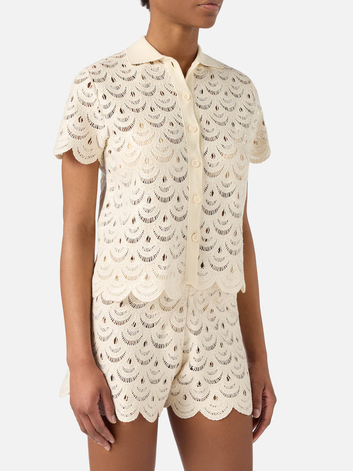 Polo in maglia Meave effetto crochet con paillettes