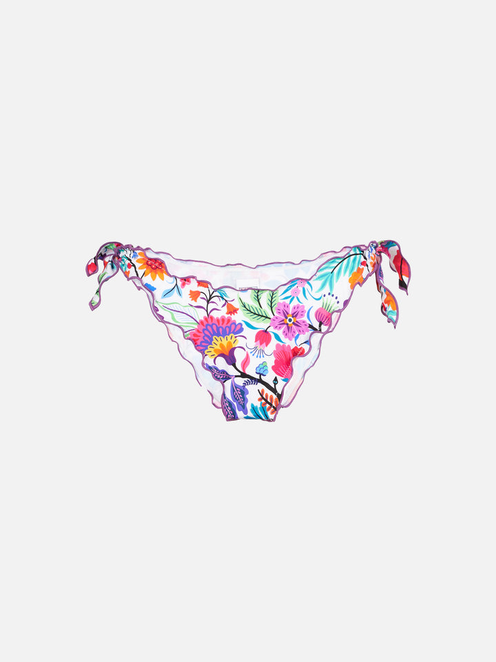 Woman ruffled swim briefs with flower print