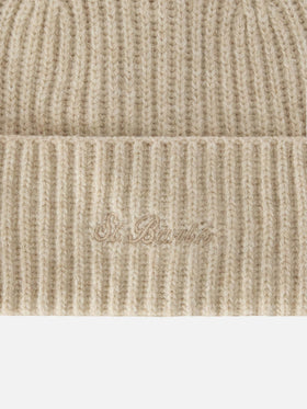 Beige Moss wool beanie with logo embroidery