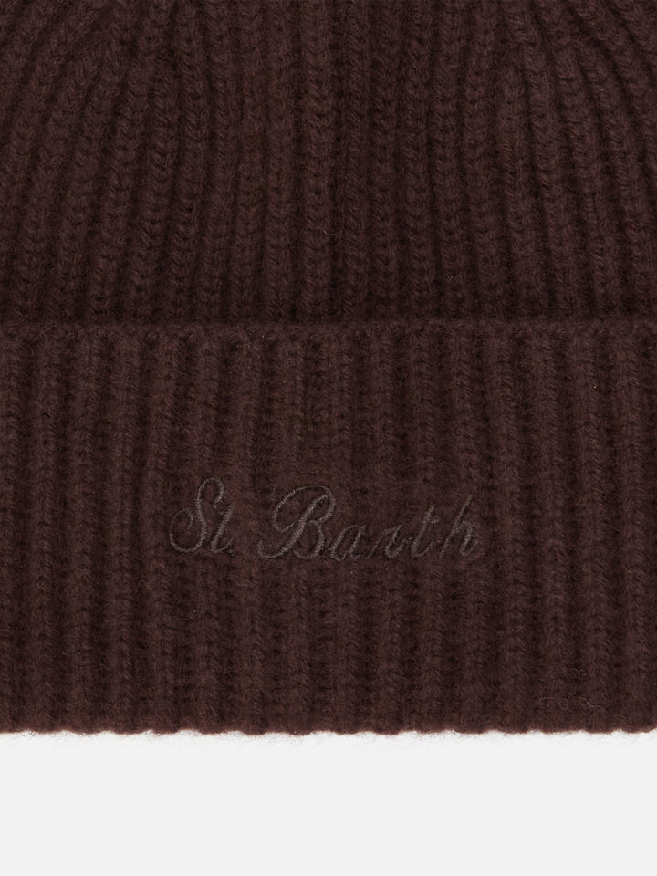 Berretto Moss in 100% LANA marrone con ricamo St. Barth