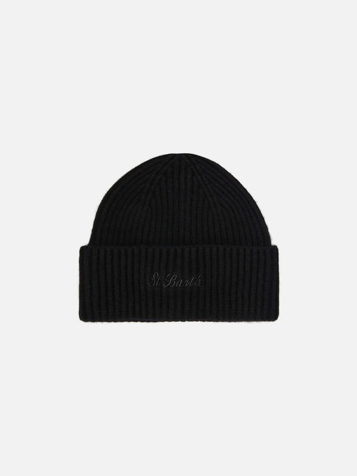 Moss Beanie in black 100% WOOL with St. Barth embroidery