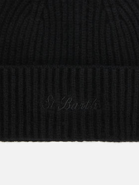 Moss Beanie in black 100% WOOL with St. Barth embroidery