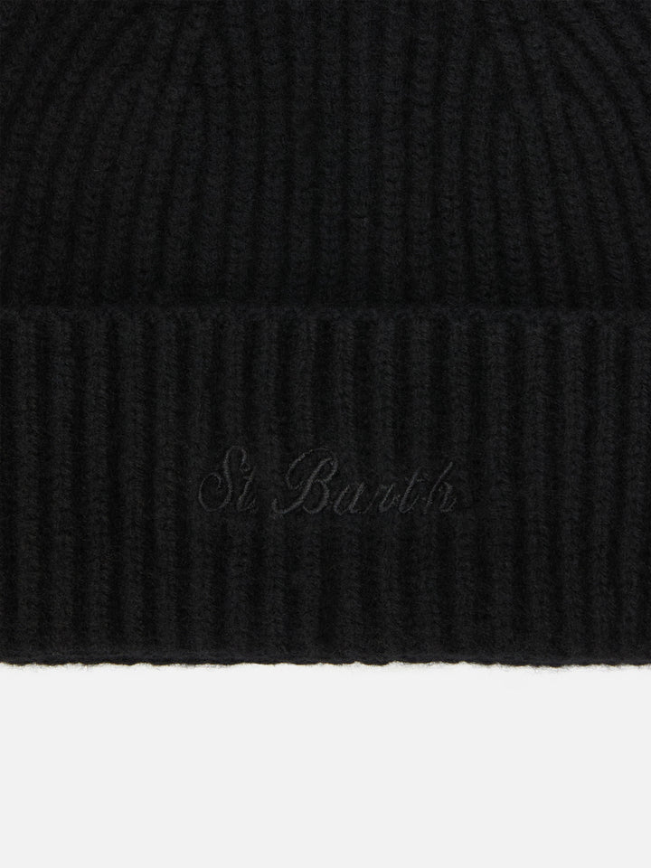 Moosgrüne Mütze aus schwarzer Wolle (100 %) mit St. Barth-Stickerei