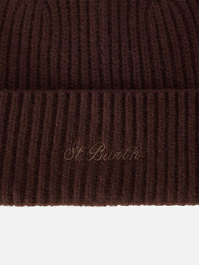 Berretto Moss marrone in lana con ricamo logo