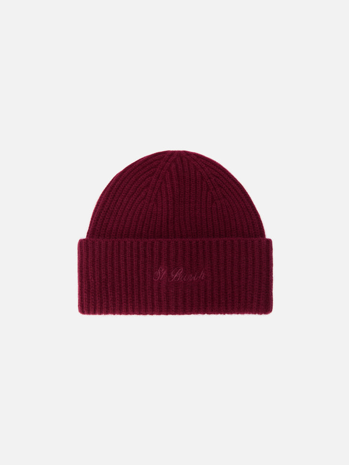 Moss Beanie in Burgunderrot, 100 % Wolle mit St. Barth-Stickerei