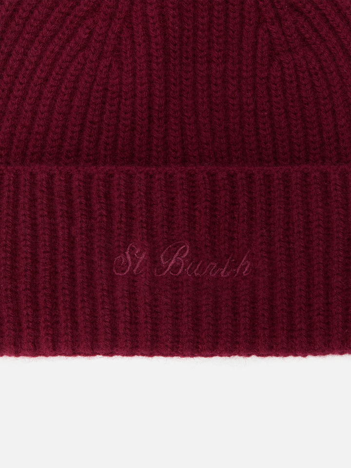 Moss Beanie in Burgunderrot, 100 % Wolle mit St. Barth-Stickerei