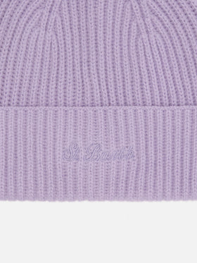 Berretto Moss in 100% LANA lilla con ricamo St. Barth