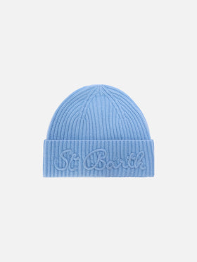 Light blue Moss alpaca wool blend beanie with logo embroidery