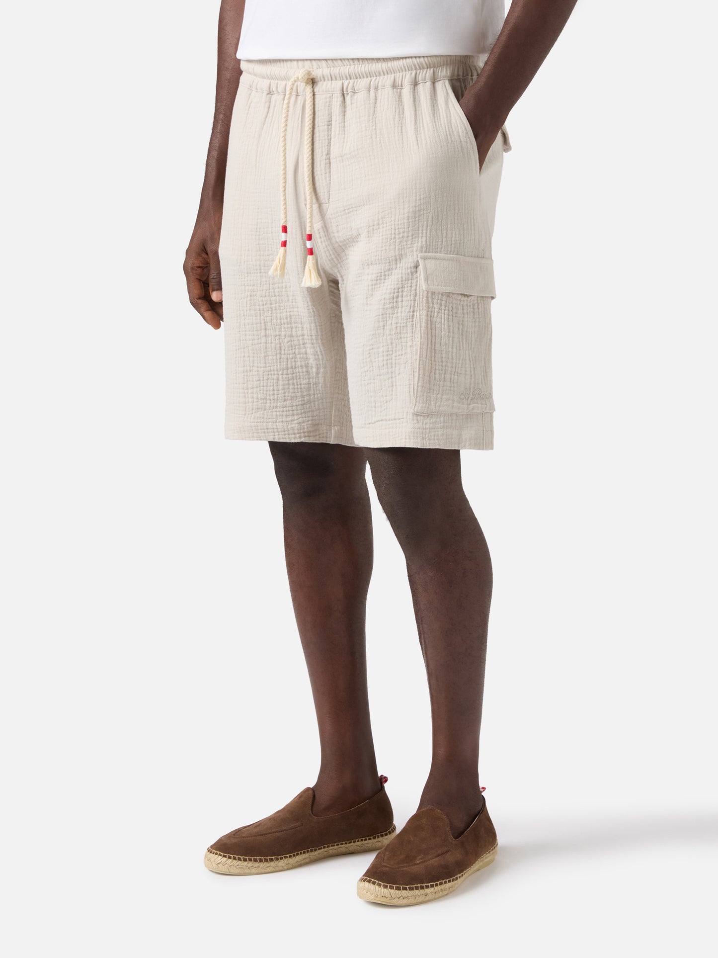 Marseille bermuda shorts in crinkled pure cotton gauze soft beige
