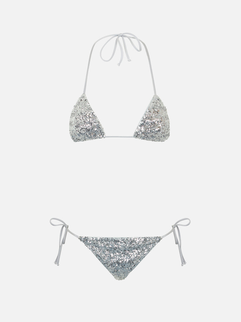 Woman silver sequins triangle bikini Leah Marielle