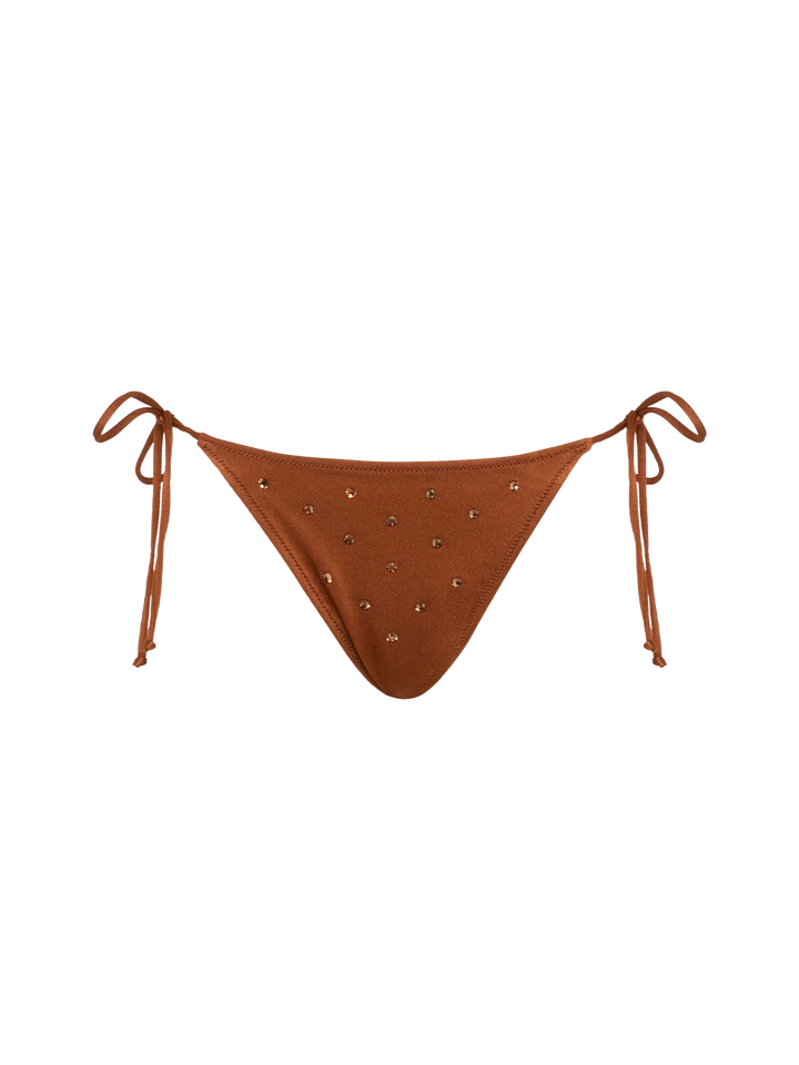 Paloma Naomi plunging bralette bikini in brown with rhinestone embellishments
