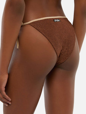 Bikini a triangolo Leah Marielle in lurex marrone con profilo oro