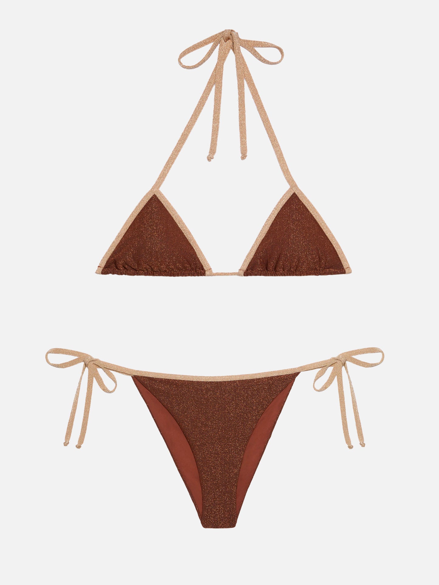 Bikini a triangolo Leah Marielle in lurex marrone con profilo oro
