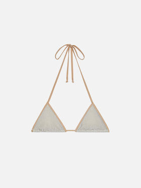 Leah – silbernes Lurex-Triangel-Top mit goldener Paspelierung