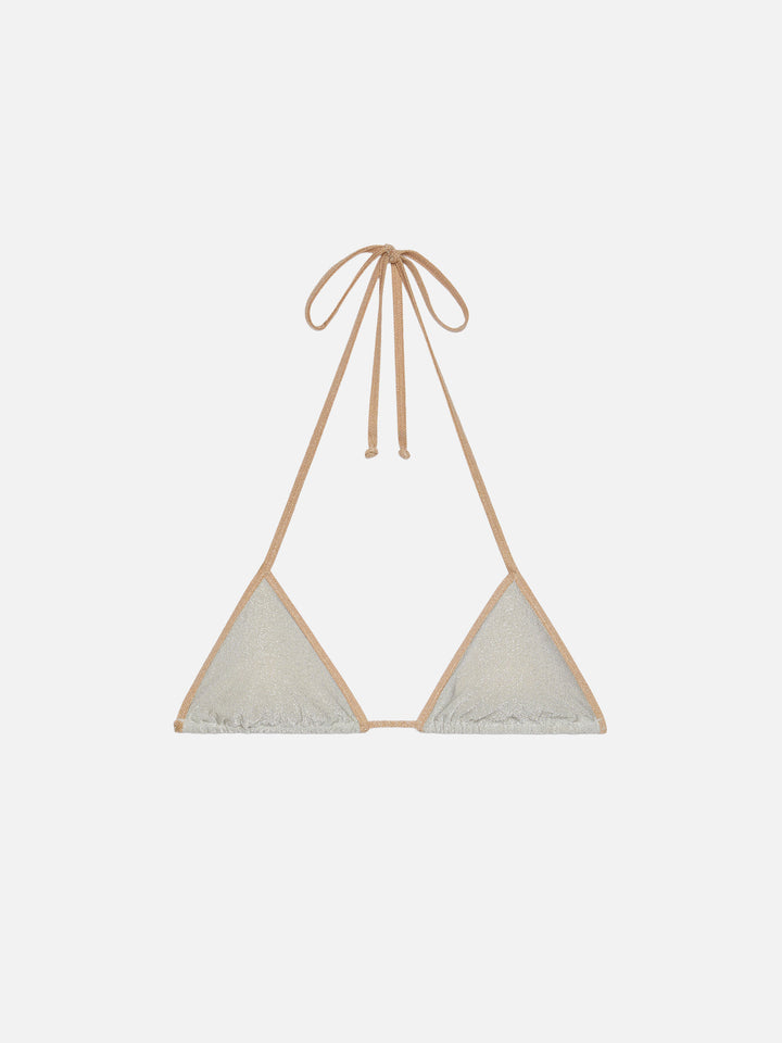 Leah top triangolo in lurex color argento con profilo oro