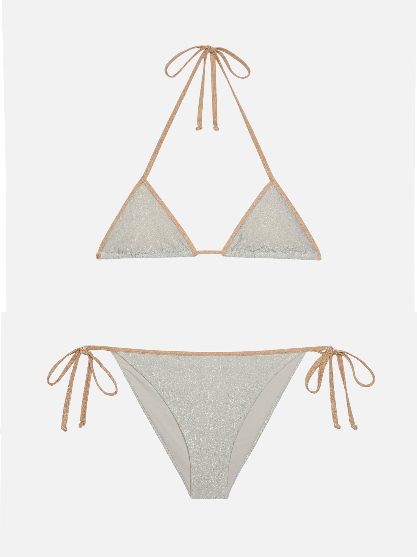 Klassischer Triangel-Bikini von Leah Marielle aus silbernem Lurex mit goldenem Besatz