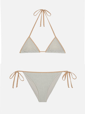Klassischer Triangel-Bikini von Leah Marielle aus silbernem Lurex mit goldenem Besatz