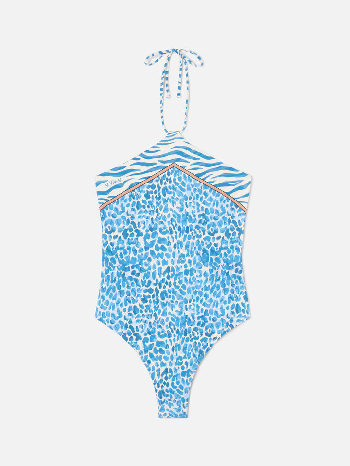 Costume intero Meryem con stampa animalier leopardata azzurra
