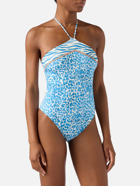Meryem one-piece swimsuit with light blue leopard animal print