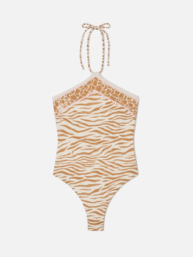 Costume intero Meryem con stampa animalier zebrata marrone
