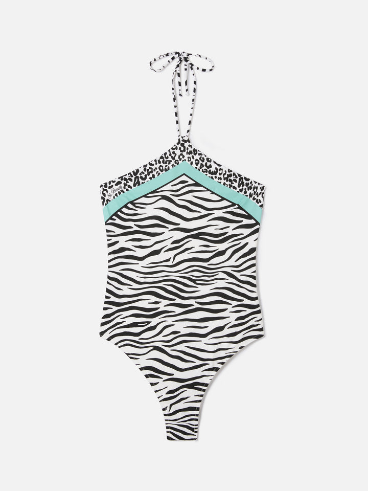Costume intero Meryem con stampa animalier zebrata nera