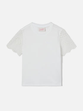 Maisa Jr T-shirt in white organic cotton with broderie sleeves