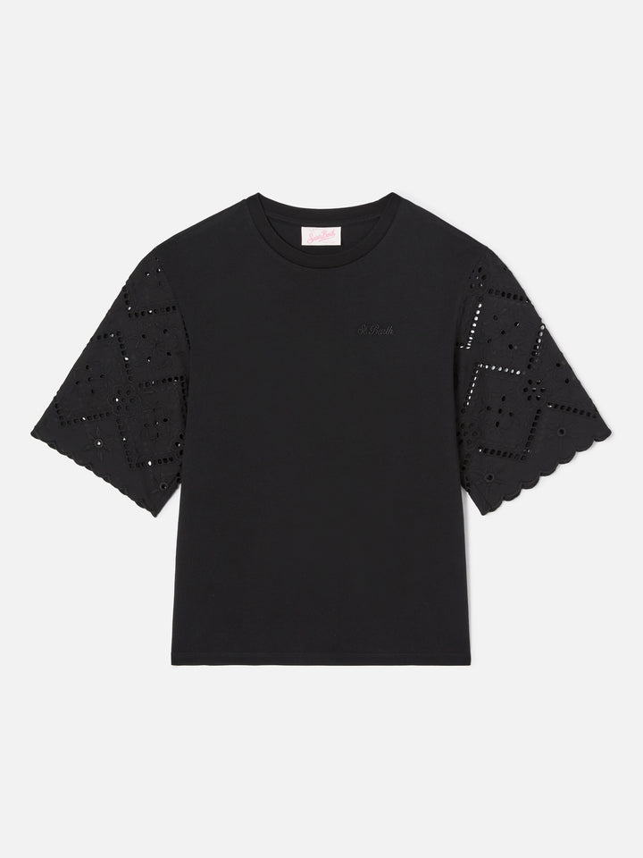 T-shirt Maisa nera con maniche in sangallo e ricamo St. Barth