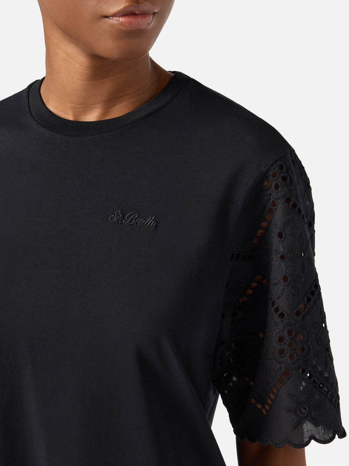 T-shirt Maisa nera con maniche in sangallo e ricamo St. Barth