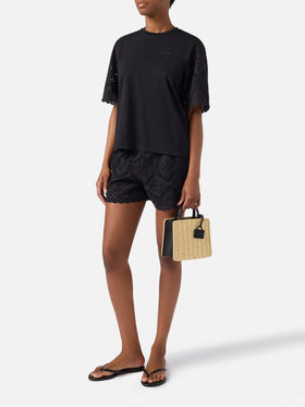 Black Maisa T-shirt with sangallo sleeves and St. Barth embroidery