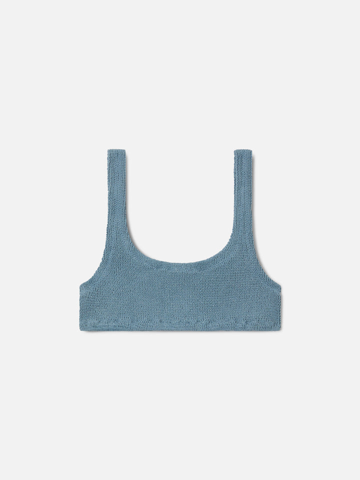 Haut de bikini brassière Naima en tissu crinkle lurex bleu clair 