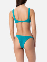 Woman teal lurex crinkle cheeky swim briefs Naomi