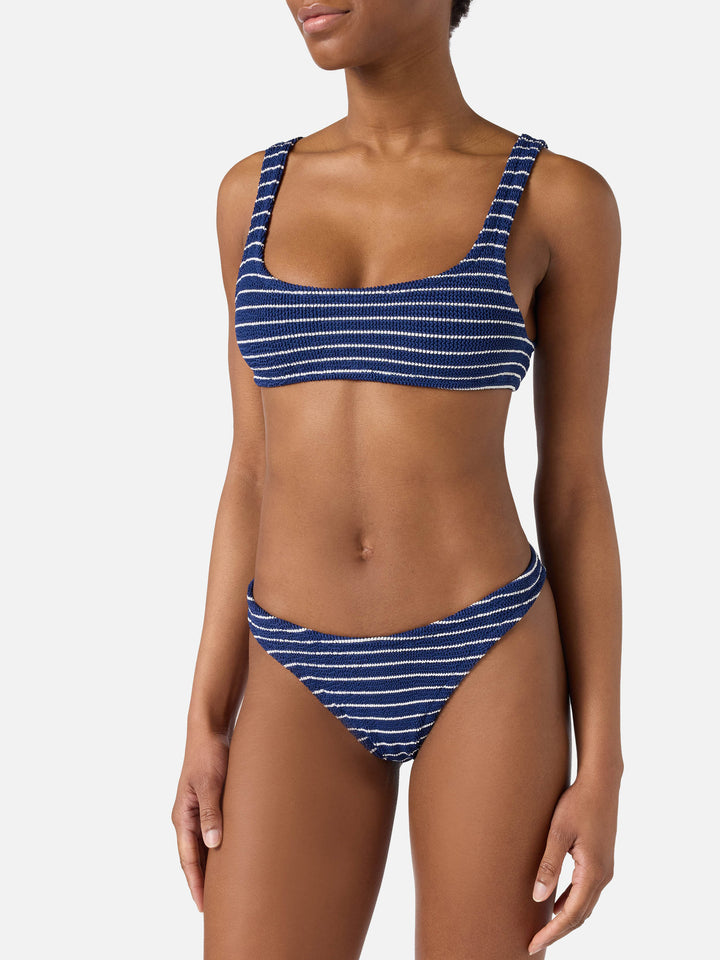 Slip mare Elise classico in tessuto crinkle blu navy a righe