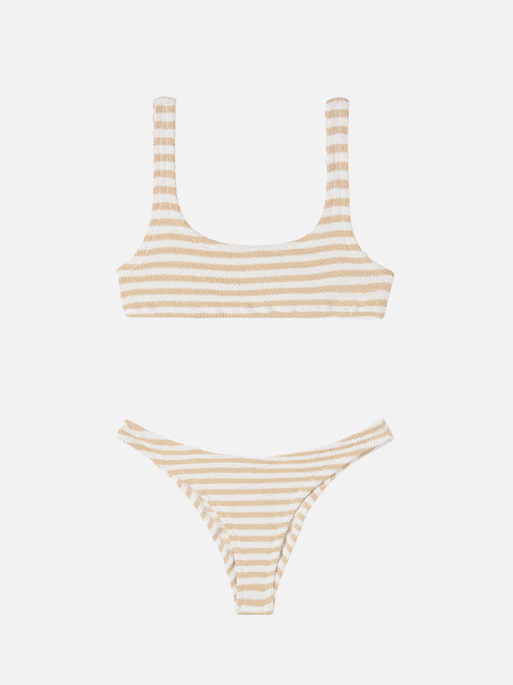 Naima Naomi Crinkle-Bralette-Bikini mit beigefarbenem Streifenmuster