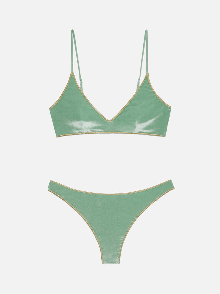 Bikini a bralette Paloma Naomi in velluto color verde salvia con profilo oro