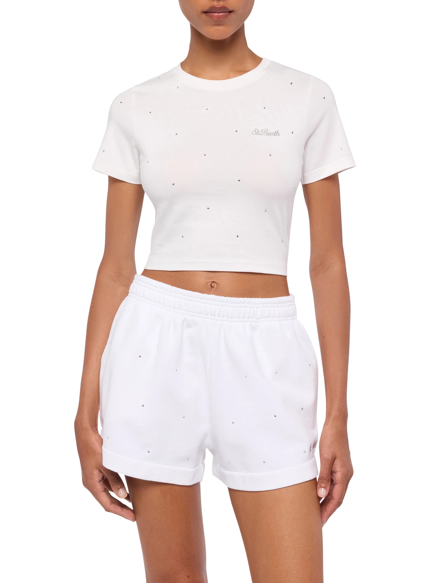 White cotton Nives T-shirt with all-over rhinestones