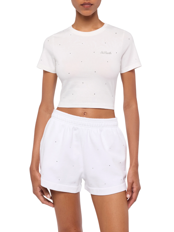 T-shirt Nives in cotone bianco con strass all-over