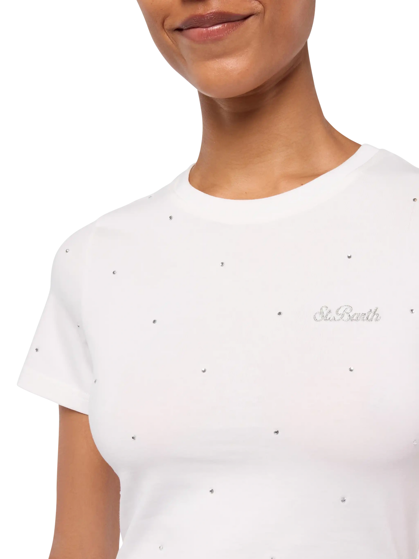 White cotton Nives T-shirt with all-over rhinestones