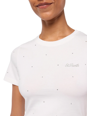 White cotton Nives T-shirt with all-over rhinestones