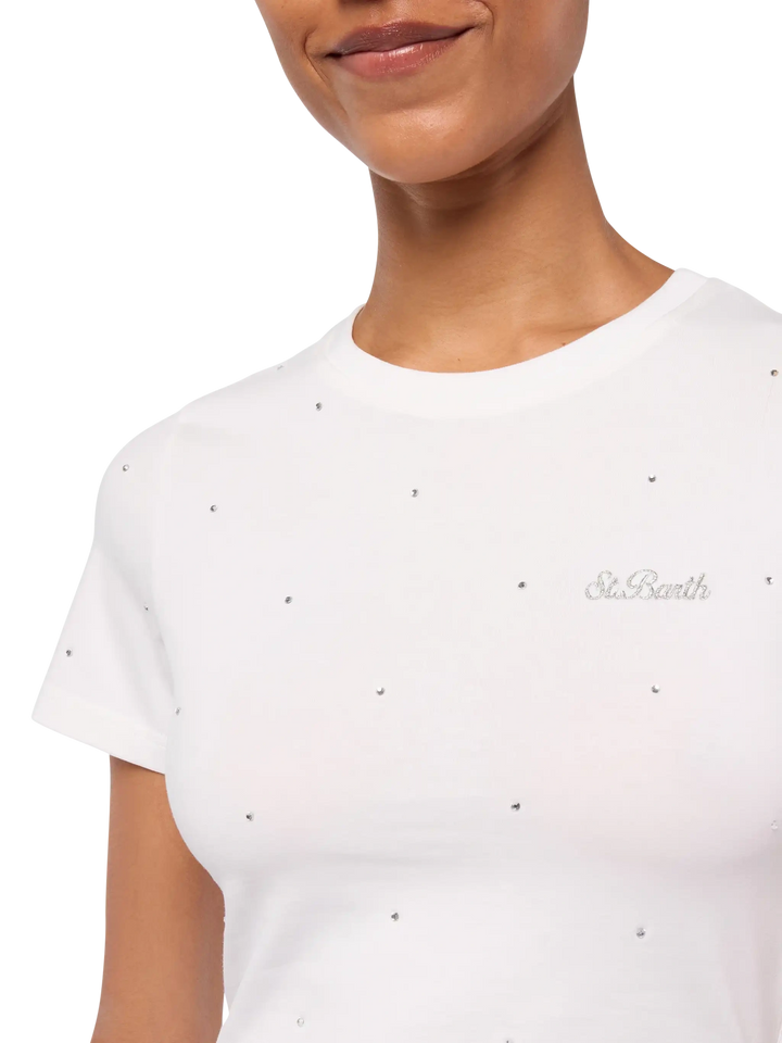 T-shirt Nives in cotone bianco con strass all-over