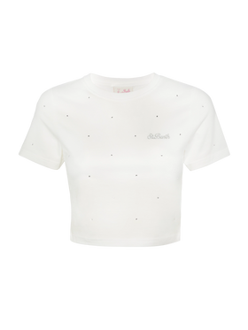 White cotton Nives T-shirt with all-over rhinestones