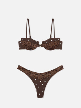 Bikini triangular de encaje con lunares marrones Nalina 