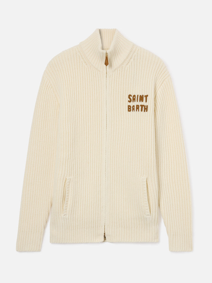 Maille zippée intégrale en mélange de laine Off white Noire avec logo brodé 