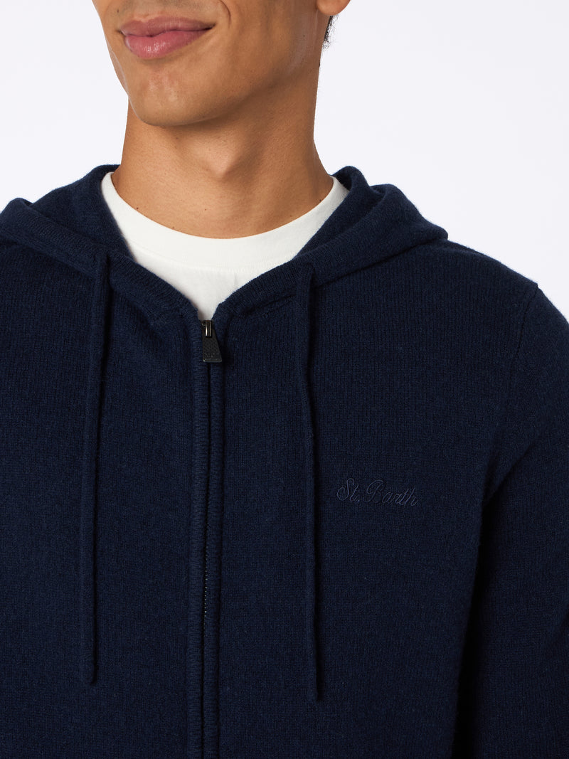 Man navy blue lambswool hooded sweater Notting