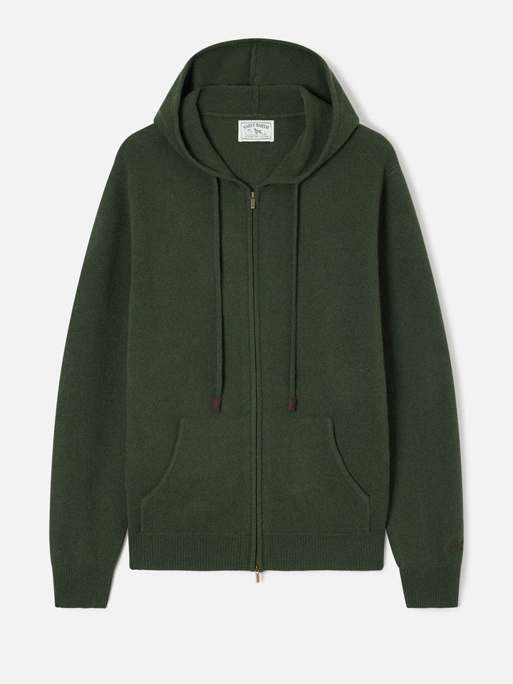 Military green Notting lambswool hooded knit with full zip