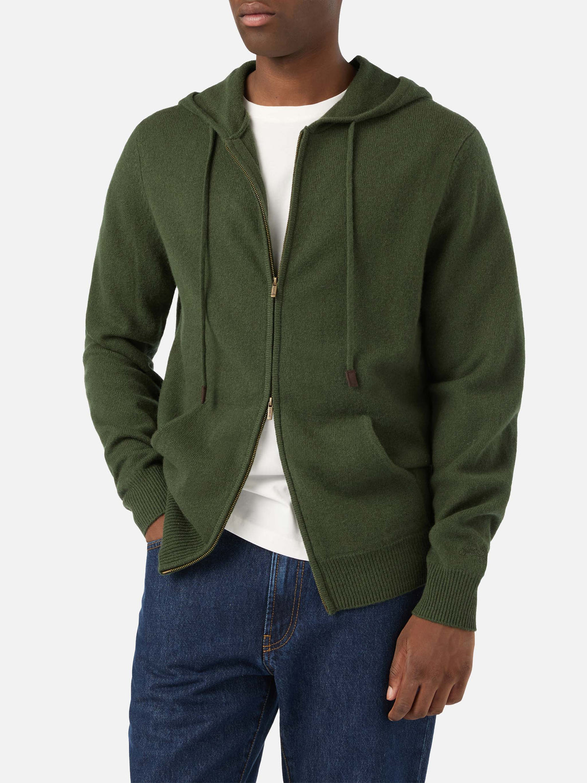Maglia Notting verde militare in lambswool con cappuccio e zip intera