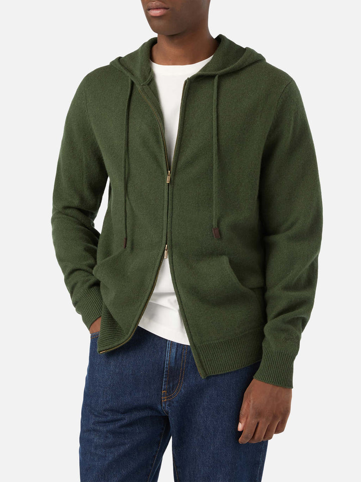 Notting Kapuzenstrickjacke aus Lammwolle in Military Green mit durchgehendem Reißverschluss 